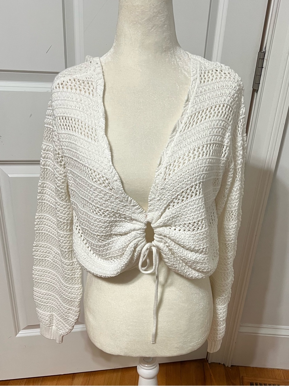 Hollister White Cropped Open-Knit Drawstring Cardigan